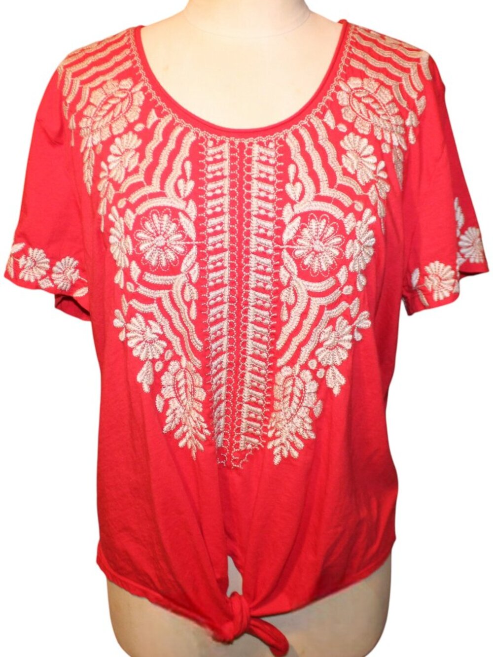 JOHNNY WAS Embroidered Rita Knot Tie Front Top Size XL Red Coral Boho Designer - Picture 2 of 13